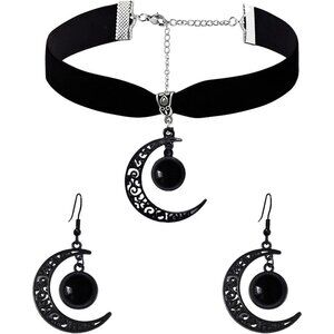 Gothic Moon Jewelry Set Black Velvet Necklace Earrings Costume Accessory